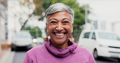 Buy stock photo Laughing, portrait and travel with business woman on city street for job satisfaction. Confident, experience and funny with mature employee outdoor in town for commute,  development or opportunity