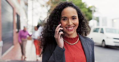 Buy stock photo Phone call, portrait and walking with business woman on city street for communication or travel. Commute, confidence and conversation with happy person outdoor in town for development or opportunity