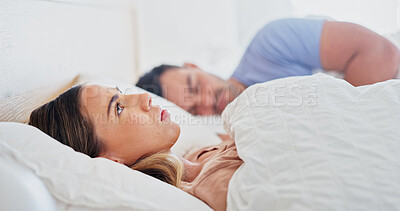 Buy stock photo Sleep, conflict or sad woman thinking in bed for partner betrayal, emotional distance or infidelity. Couple, rest and wife overthinking in home for unhappy marriage, contemplating divorce or insomnia