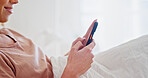 Hands, phone and relax in bed with woman on social media, communication or reading text message. Person, mobile app and blog space with rest in bedroom for network, internet scroll or chat at home