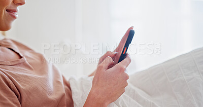 Buy stock photo Hands, phone and relax in bed with woman on social media, communication or reading text message. Person, mobile app and blog space with rest in bedroom for network, internet scroll or chat at home