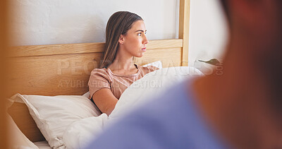 Buy stock photo Conflict, thinking and woman in bedroom of home for argument, disagreement or relationship drama. Fight, frustration and stress with couple on bed in apartment for anger, fail or marriage mistake