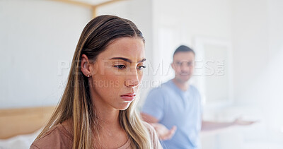Buy stock photo Annoyed, conflict and woman in bedroom of home for argument, disagreement or relationship stress. Anger, fight and frustration with couple on bed in apartment for decision, fail or marriage mistake