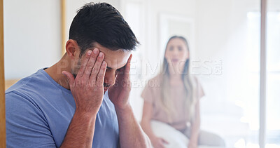 Buy stock photo Conflict, headache and man in bedroom of home for argument, disagreement or relationship stress. Anxiety, fight and frustration with couple on bed in apartment for anger, fail or marriage mistake