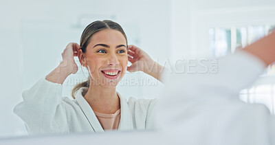 Buy stock photo Mirror, grooming and happy woman in bathroom for skincare, morning routine or hygiene in home. Female person, spa or relax with smile or reflection for fresh start, cosmetics or beauty in house