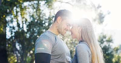 Buy stock photo Fitness, nature and couple with forehead touch for exercise, bonding and support for morning workout. Happy, flare and man with woman for affection outdoor in park for sports, active or health,