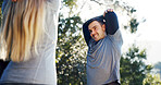 Fitness, preparing or couple outdoor with stretching, arm mobility or injury prevention in physical activity. Happy, team or people with start, shoulder or muscle improvement in warm up together.