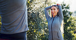 Fitness, preparation or couple in nature with stretching, arm mobility or injury prevention in physical activity. Happy, team or woman with start, shoulder or muscle improvement in warm up together.