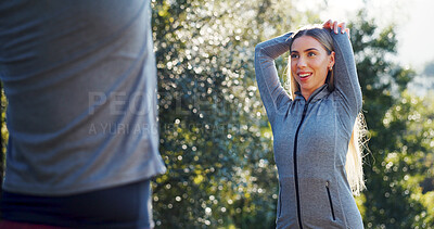 Buy stock photo Fitness, happy or woman in nature with stretching, arm mobility or injury prevention in couple activity. Smile, team or people outdoor with start, shoulder or muscle improvement in warm up together.