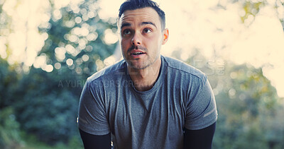 Buy stock photo Exercise, man and tired with breathing outdoor for cardio challenge, wellness break and recovery. Athlete, person and exhausted in nature with runner fatigue, practice rest and overworked on fitness