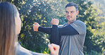 Fitness, preparation or couple outdoor with stretching, arm mobility or injury prevention in training. Physical activity, team or man with start, shoulder or muscle improvement in warm up together.