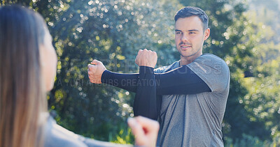 Buy stock photo Fitness, preparation or couple outdoor with stretching, arm mobility or injury prevention in training. Physical activity, team or man with start, shoulder or muscle improvement in warm up together.