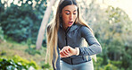 Smart watch, shock and woman outdoor for fitness, wellness or workout achievement on app. Sports, exercise and female person with tech accessory for tracking cardio progress, speed or goal in nature.