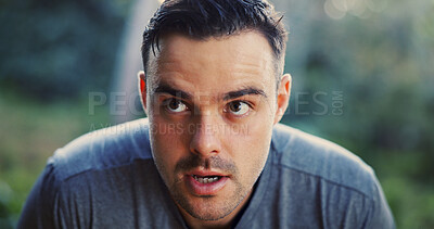 Buy stock photo Athlete, man and tired with breathing outdoor for cardio challenge, wellness break and recovery. Fitness, person and exhausted in nature with runner burnout, practice rest and fatigue from exercise
