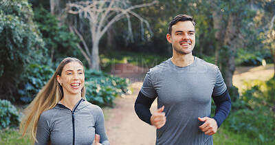 Buy stock photo Fitness, happy or couple in nature with running, exercise together or bonding in physical activity. Smile, athletes or people on path with jog, cardio training or workout connection in active hobby.