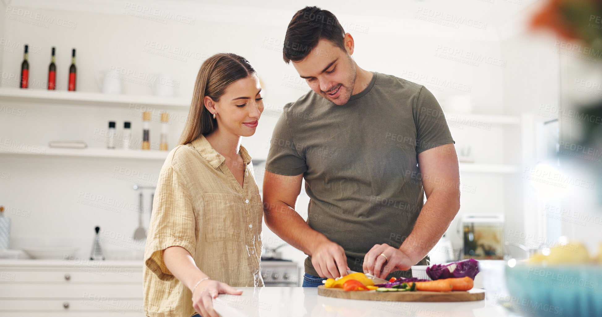 Buy stock photo Food, health and wellness with couple in kitchen of home together for diet or nutrition. Cooking, ingredients and recipe with happy people at counter in apartment for morning meal preparation