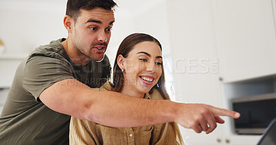 Buy stock photo Happy, plan or couple in house with laptop, booking option or holiday selection on travel app. Digital, trip site or people in home with tech, vacation review or resort decision on tourism platform.