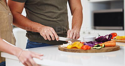 Buy stock photo Food, hands and wellness with couple in kitchen of home together for diet or nutrition. Health, ingredients and recipe with people chopping at counter in apartment for morning meal preparation