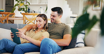 Buy stock photo Couple, smile and relax with tablet in house, bonding or streaming video with subscription on couch. Happy people, home and watching movies with technology, internet connection and series on website