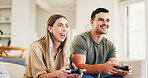 Gaming, hobby and smile with couple on sofa in home living room for activity, bonding or competition. Console, controller and video game with happy people in apartment together for online play
