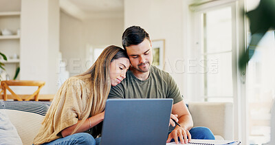 Buy stock photo Sad, laptop and couple with documents in home for finance planning, bills or debt review in living room. Upset, support and people on computer for low savings, financial problem or investment loss.