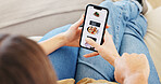 Food, hands and phone screen for ecommerce with couple on sofa in living room of home together. App, menu scrolling and online order with people talking in apartment for decision, delivery or meal