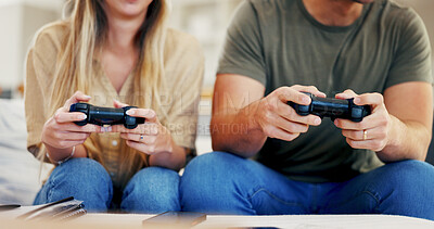 Buy stock photo Gaming, hands and hobby with couple on sofa in home living room for activity, bonding or competition. Console, controller and video game with people in apartment together for break or online play