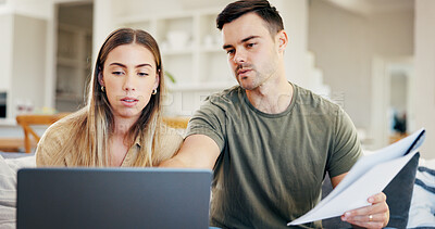 Buy stock photo Laptop, home and couple with budget documents, financial records or asset management with review. Computer, man and woman at house with savings paperwork for planning, expense information or bills