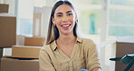 Moving, woman and happy portrait in new home for property investment, growth pride and mortgage. Relocation, excited homeowner and boxes in house for real estate purchase, achievement or rental goals