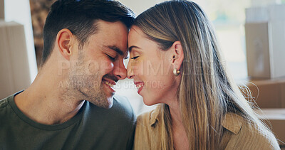 Buy stock photo Happy couple, moving and forehead touch in new house, connection or property investment with partner. Home, relocation and people with smile for relationship milestone, love and bonding with spouse