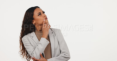 Buy stock photo Serious, planning and businesswoman in studio, thinking and decision for investment or mockup space. White background, wealth manager and person with ideas for financial growth and contemplating