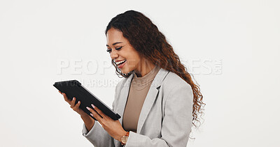 Buy stock photo Business, smile or woman in studio with tablet, deal closed or good news in online communication. Excited, space or realtor with tech, investment opportunity or email feedback on white background.
