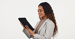 Business, happy or woman in studio with tablet, deal closed or good news in online chat. Digital, space or property agent with tech, investment opportunity or email feedback on white background.