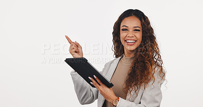 Buy stock photo Pointing, portrait and tablet with business woman on studio space for advertising or marketing. App, brand awareness and information with friendly employee on white background for offer or promotion