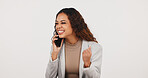 Business, success or woman in studio with phone call, deal closed or good news in online chat. Digital, space or realtor with tech, investment opportunity or positive feedback on white background.