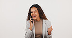 Business, fist pump or woman in studio with phone call, deal close or good news in online chat. Digital, space or realtor with success, investment opportunity or positive feedback on white background