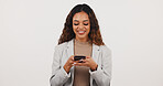 Business, happy or woman in studio with phone, deal closed or good news in online chat. Digital, mockup space or realtor with tech, investment opportunity or email feedback on white background.