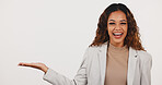 About us, palm and portrait of business woman on studio space for advertising or marketing career. Brand awareness, presentation and promotion with friendly employee on white background for offer