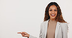 About us, pointing and portrait of business woman on studio space for advertising or marketing career. Offer, presentation and promotion with friendly employee on white background for opportunity