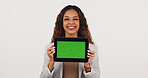 Green screen, portrait and tablet with employee woman on studio space for advertising or marketing. Brand awareness, digital and promotion with business person on white background for information