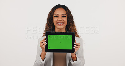 Buy stock photo Green screen, portrait and tablet with employee woman on studio space for advertising or marketing. Brand awareness, digital and promotion with business person on white background for information