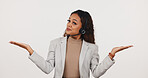 Woman, headset or confused agent with choice, support or weigh options on white background in studio. Consultant, person or hand gesture in customer service, shrug or portrait for question comparison