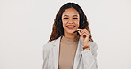 Headset, happy and portrait of businesswoman in studio with call center, crm or help desk. Mockup space, smile and female technical support consultant with customer service by white background.
