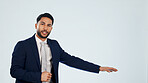 Portrait, man and talk in studio for presentation, breaking news and weather forecast with anchor. Mockup space, person and reporter speaking for live broadcast, climate change and white background
