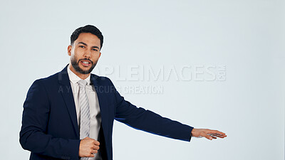 Buy stock photo Portrait, man and talk in studio for presentation, breaking news and weather forecast with anchor. Mockup space, person and reporter speaking for live broadcast, climate change and white background