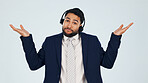 Portrait, man and confused in studio with headset, customer inquiry and technical delay for crm. Person, agent or unsure expression for escalation, network issue and telemarketing on white background