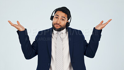 Buy stock photo Portrait, man and confused in studio with headset, customer inquiry and technical delay for crm. Person, agent or unsure expression for escalation, network issue and telemarketing on white background