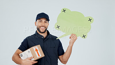 Buy stock photo Delivery man, box and speech bubble in portrait for shipping, info or social media for courier service. Happy person, package or logistics for dropshipping dialogue, chat mockup and studio background