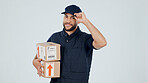 Delivery man, box and portrait in studio for shipping, employee and distribution with courier service. Happy person, package or parcel with logistics about us, dropshipping and space on background