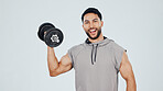Portrait, man and bodybuilder in studio with dumbbell, workout or strength training for muscle growth. Happy, person and weightlifting with gym equipment, exercise or bodybuilding on white background
